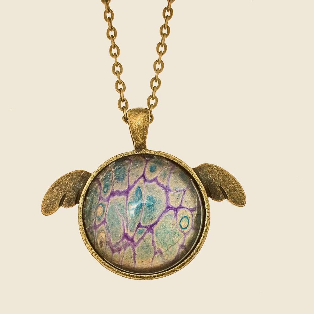 Fluid Art Pendant Turtle Green Gold & Purple